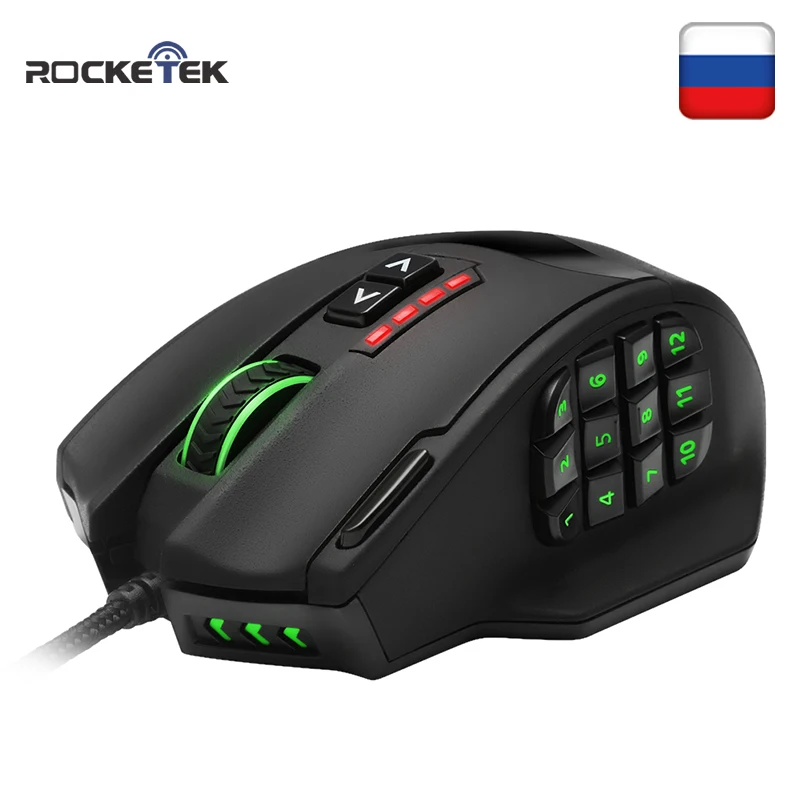 Rocketek USB игровая RGB мышь 16400 точек/дюйм 19 кнопок эргономичный дизайн для настольных