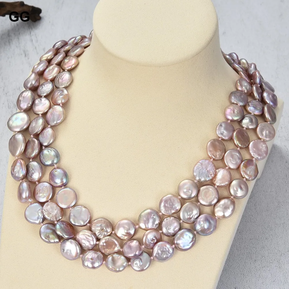 

GG Jewelry 13mm 3Strands Natural Purple Coin Pearl Necklace