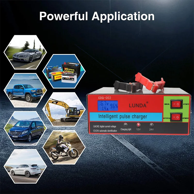 Полностью автоматическая машина для автомобиля Батарея Зарядное устройство 130 V/250 V до 12V 12A 24V 10A ЖК-дисплей Дисплей Смарт-устройство для быстрой Мощность зарядки для автомобилей, мотоциклов, грузовиков