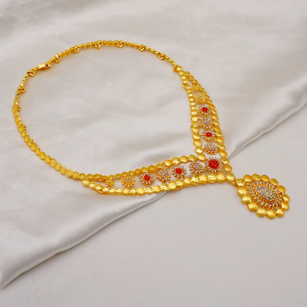 red american diamond necklace set Ethiopia Dubai 24K Gold Color Jewelry Sets For Women Luxury Necklace Earrings Bracelet Ring India African Wedding Gifts earrings and tikka set under 200