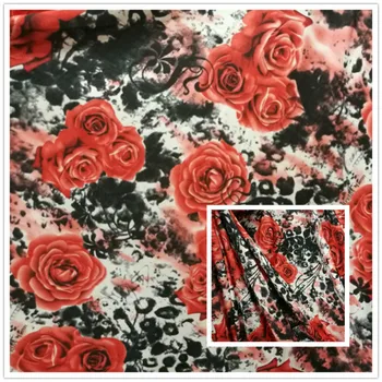 

Milk silk with big elasticity black background rose contrast printed cloth fabric for sewing dress swim wear 1Meter