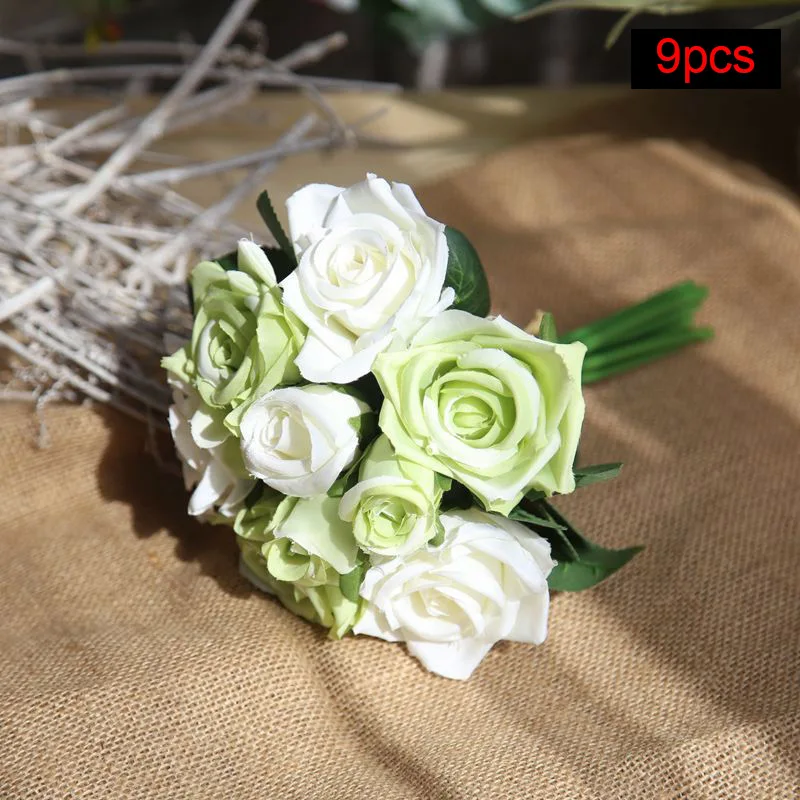9pcs-white green Искусственный Букет роз для дома Свадебные Декоративные Шелковые цветы букеты невесты Рождественские цветы поддельные цветы осенние украшения - Цвет: 9pcs-white green