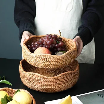 

Handmade Rattan Round Fruit Basket Food Storage Bowls Flower Shape Kitchen Organizer Snack Serving Bowl Creative Storage