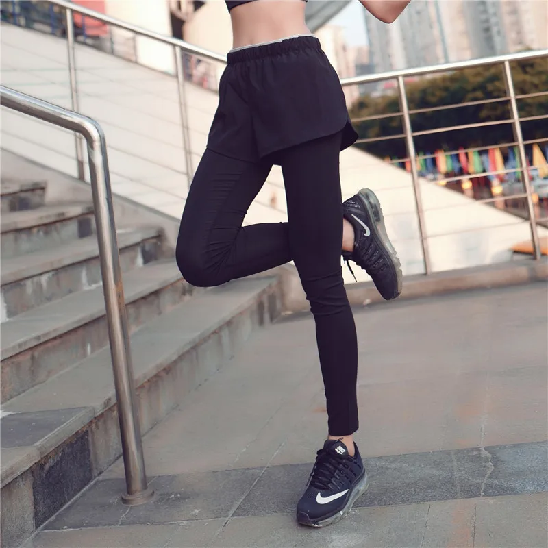 

New Style Mock Two-Piece Anti-Exposure Running Fitness Capri Pants Side with Pocket Spell Waist Quick-Dry Yoga Pants Women's