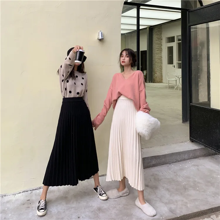 Show thin film video# 4753 qiu dong han edition of tall waist pleated splicing pressing fine plait knitting long skirts