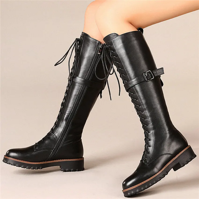 

Women Lace Up Genuine Leather Knee High Military Boots Round Toe Platform Oxfords Punk Goth Winter Thigh High Buckle Creepers