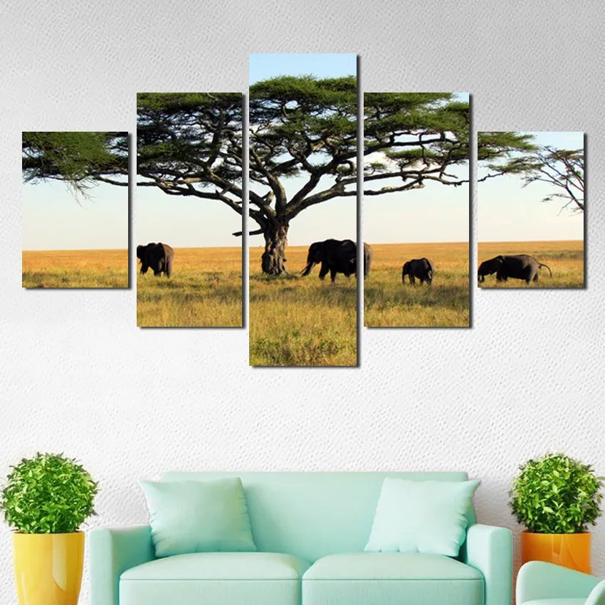 

Elephant Landscape Poster HD Wall Art Frameless Style Canvas Picture Modern 5 Panel Home Decoration Printing Painting