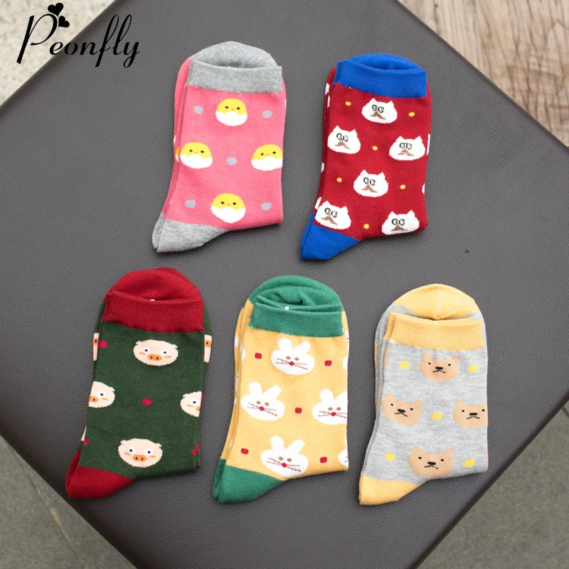PEONFLY 5pairs/lot High Quality Women's Lovely Cartoon Socks Autumn Winter Funny Animal Socks Fashion Cute Cotton Dog Cat Socks