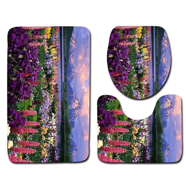 Flower Bathroom Mat Toilet Three-piece Anti-slip Mat Bathroom Mat + Contour Carpet + Toilet Cover Absorbent Cover Baño