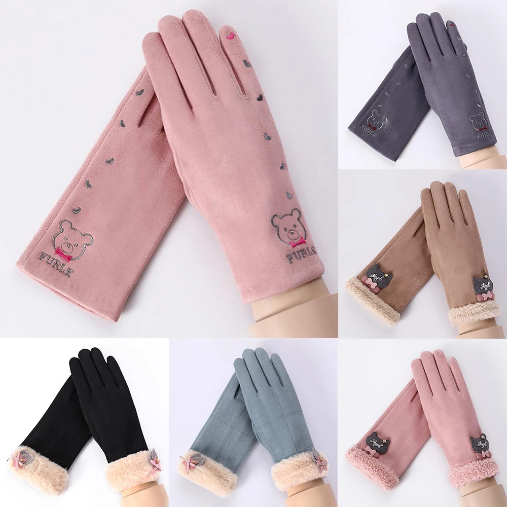 

Women Winter Warm Mittens Gloves Lovely Cartoon Touch Screen Gloves Plus Velvet Suede Outdoor Cycling Driving Cold-proof Gloves