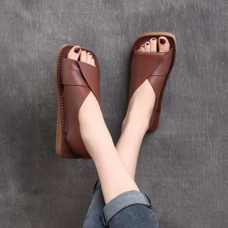 女性のレザーブーツサンダル低かかとオープントゥ21夏の靴人間サンドバッグレトロサンダルでコーヒー本革ブーツ Low Heels Aliexpress
