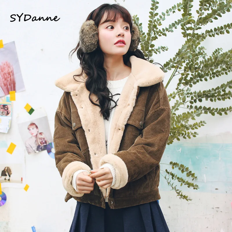 SYDanne/Зимние Повседневные Коричневые Вельветовые с длинным рукавом, с отложным воротником, джинсовая куртка, однобортное базовое женское теплое хлопковое пальто