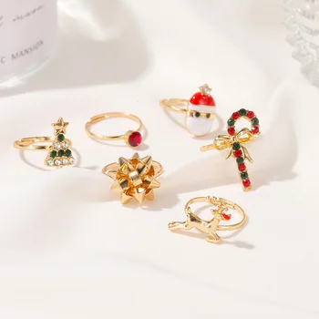 SUPER DESCUENTO ❤️ Anillos de nieve de Papá Noel para mujer, estrás de cristal verde rojo de Navidad para mujer, Color dorado, árbol con copos de nieve de Metal, anillo con abalorio, joyería - discount item 42% OFF Joyas y complementos