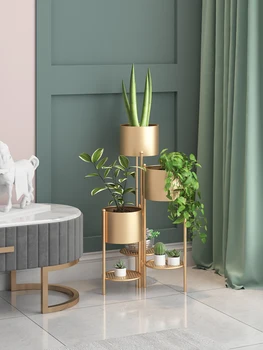 

Indoor living room with multi-storey green rose flower frame fleshy green plant frame floor iron art light luxury flowerpot