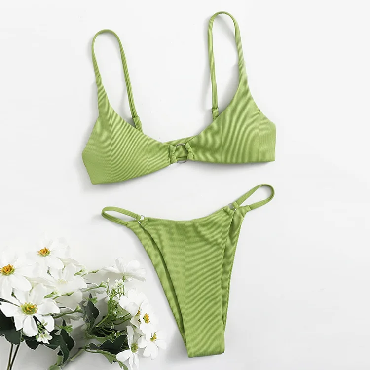 

2022 Green Bikinis Women's Swimsuits Push Up Swimwear Women Sexy Ribbed Biquini Ring Linked Bathing Suits Solid Bikini Set Thong