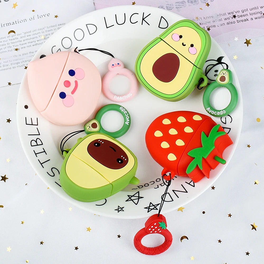 

For AirPods Case Cute Strawberry Avocado Pink Peach Fruit Earphone Cases For Apple Airpods 1 2 Cover with Finger Ring Strap
