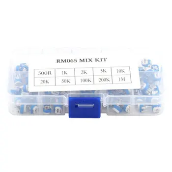 

100PCS/LOT 10 Values RM065 Vertical Adjustable Resistor Kit In Box 500 ohm-1M ohm Multiturn Trimmer Potentiometer Set