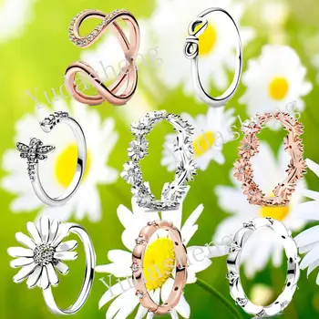 

2020 Spring Mother's Day Wrapped Open Infinity Knot Daisy Flower Statement Dragonfly Ring Fit Original Charm Jewelry