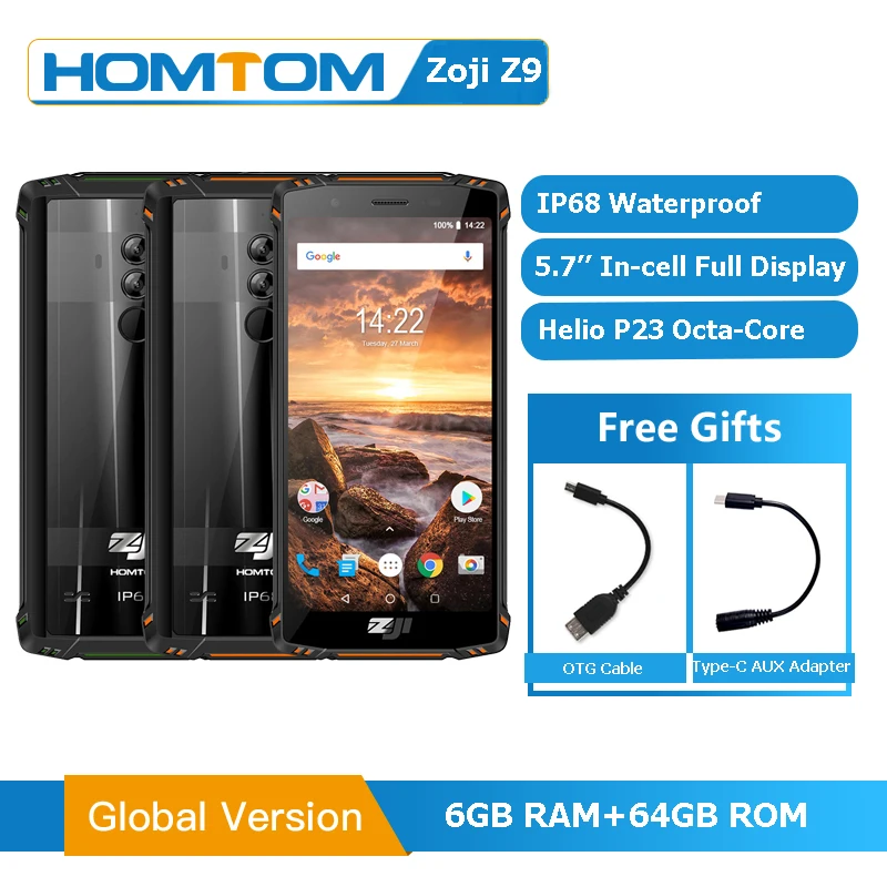 HOMTOM ZJI Z9 IP68 водонепроницаемый смартфон 5,7 ''6 ГБ ОЗУ 64 Гб ПЗУ Helio P23 5500 мАч 4G LTE прочный мобильный телефон Глобальная версия