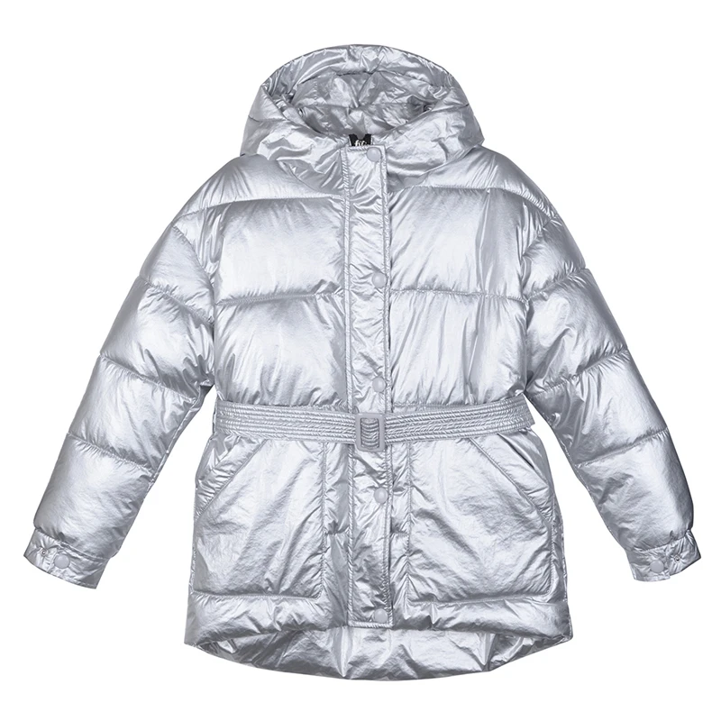 Modish зимняя теплая куртка с поясом Повседневная серебристый цвет регулируемый пояс парка с капюшоном Утепленные Пальто Манто Femme Стильная верхняя одежда