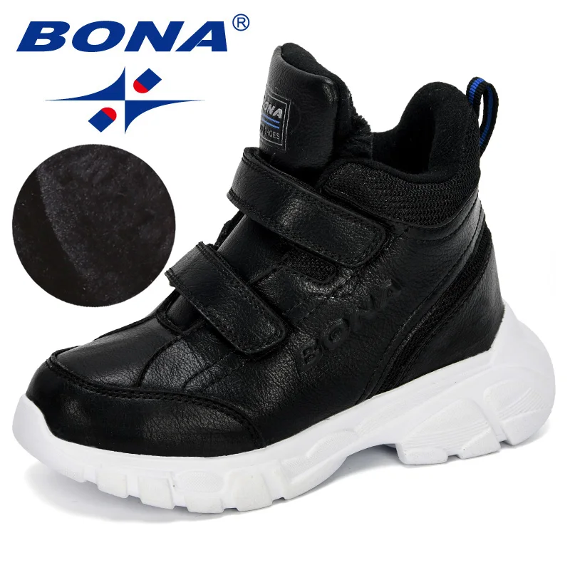 Black BONA/Новинка года; дизайнерские модные ботинки из искусственной кожи для мальчиков; студенческие кроссовки; плюшевые теплые детские зимние ботинки; уличные ботильоны для девочек - Цвет: Black