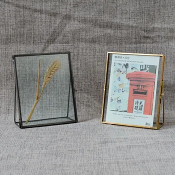 Simple Antique Gold Rectangle Glass Photo Frame Folding Desktop Picture Brass Frames for Portraits and Landscape Home Decoration