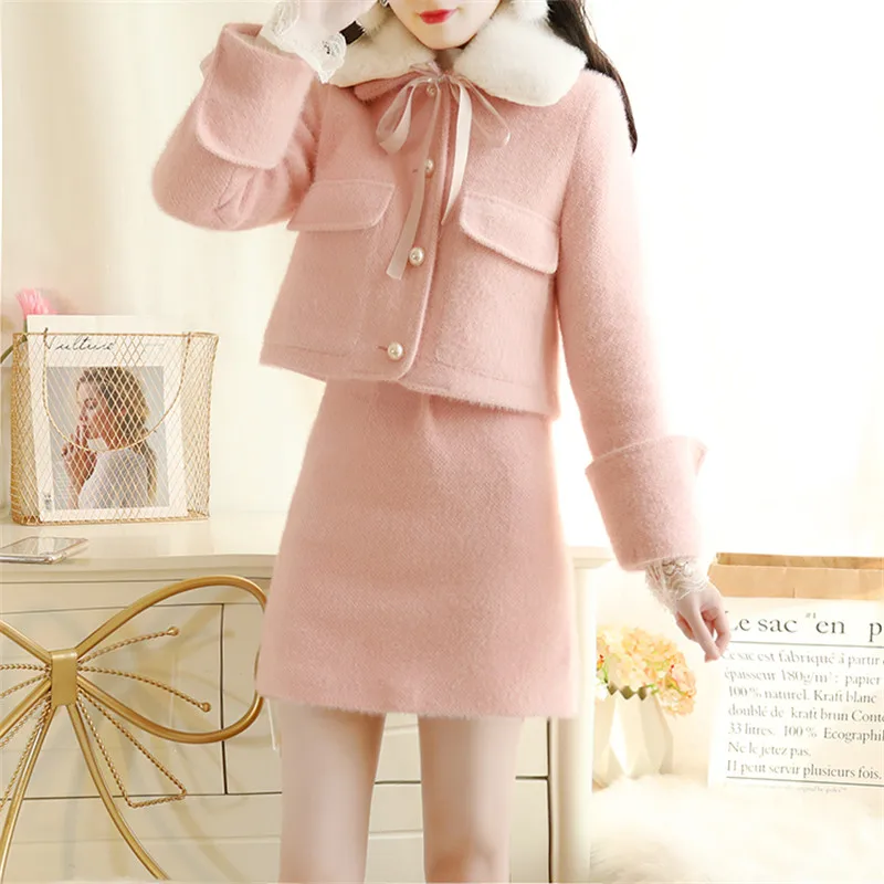 SWEETXUE костюм с мини-юбкой, Воротник из овечьей шерсти, бант, шнуровка, карман, топ+ Однотонная юбка Kawaii, милый комплект из 2 предметов, женский, зима - Цвет: pink