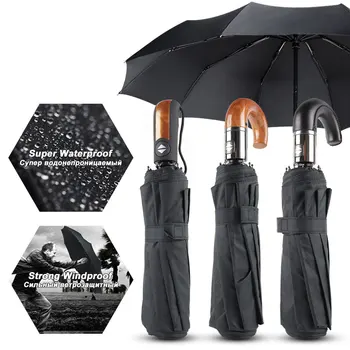 

Business Leather Wood Handle Umbrella For Men 3Folding Automatic 10Ribs Strong Wind Resistant Big Umbrella Rain Women Parasol
