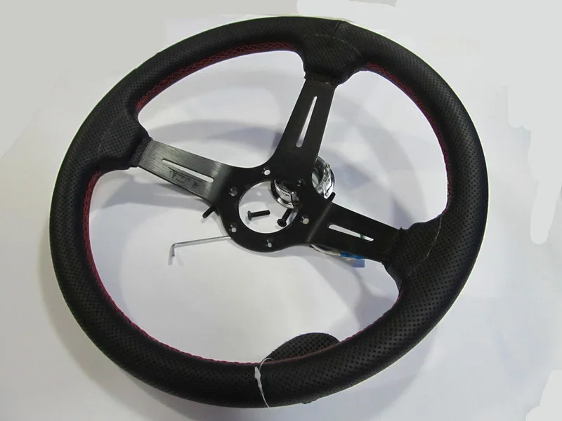 Гоночный 14 дюймов 350 мм кожаный глубокий диск Дрифтинг спортивный гоночный руль красная линия черная алюминиевая рама