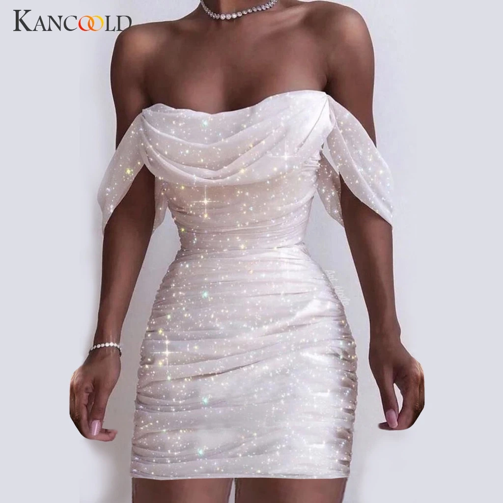 KANCOOLD New Women Sexy Ruffle Off Shoulder Prom Mini Dress Ladies Sequined Strapless Evening Party Bodycon Dresses Clubwear | Женская