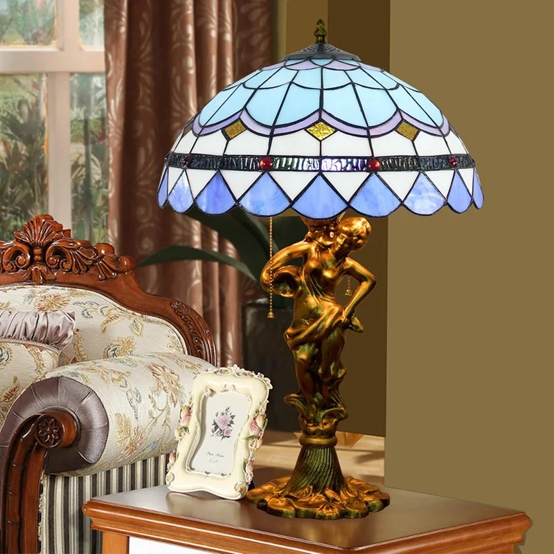 

40cm European blue Mediterranean colored glass living room dining room bedroom bedside beauty alloy table lamp