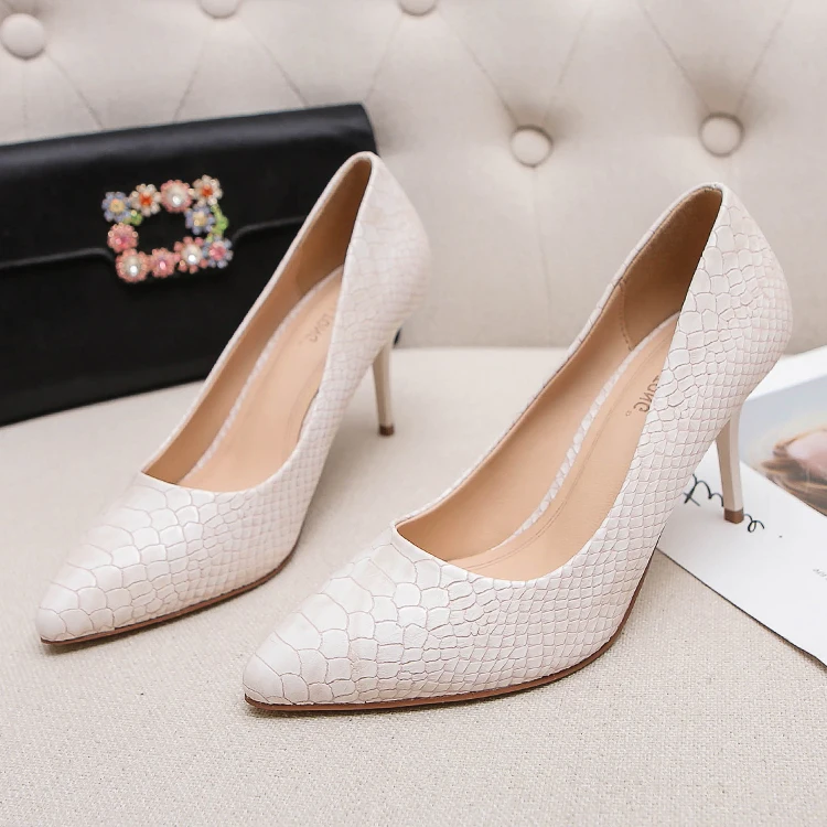 Fletiter Shoes Women 8 cm High Heels Leather Pointed Toe Women Pumps Ladies Shoes white Thin High Heel bridal Party Shoes - Цвет: Beige