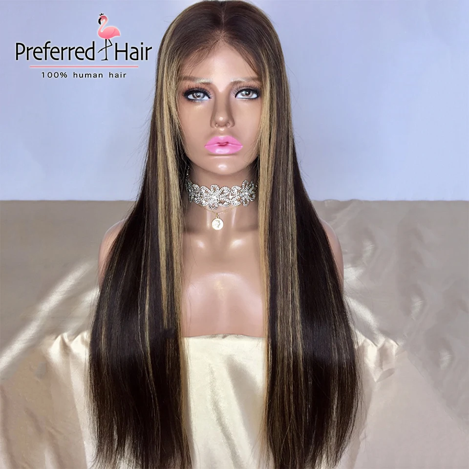 ombre color Предпочтительный#1b/2 блонд выделяет прямой парик фронта шнурка бразильский Remy Предварительно выщипанный парик фронта шнурка человеческих волос для черных женщин - Цвет: ombre color