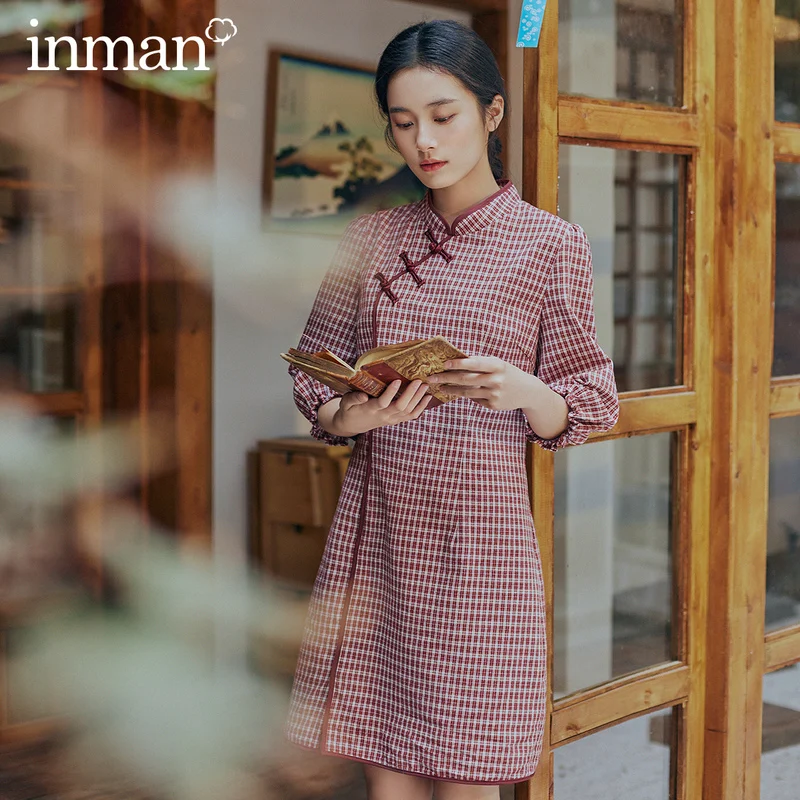 

INMAN 2026 Spring New Arrival Literary Dimple Series Retro Button Plaid Chinese Style Dress