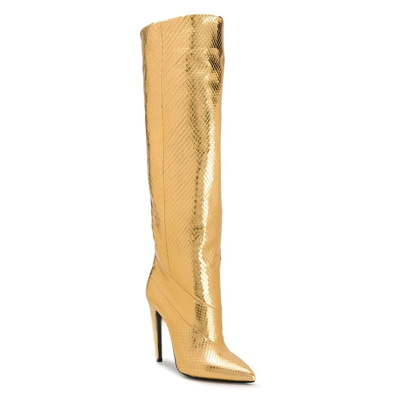 Высокие сапоги до колена на высоком каблуке золотистого цвета г. Женская осенне-зимняя обувь женские модные высокие сапоги с острым носком на каблуке ботинки без застежки
