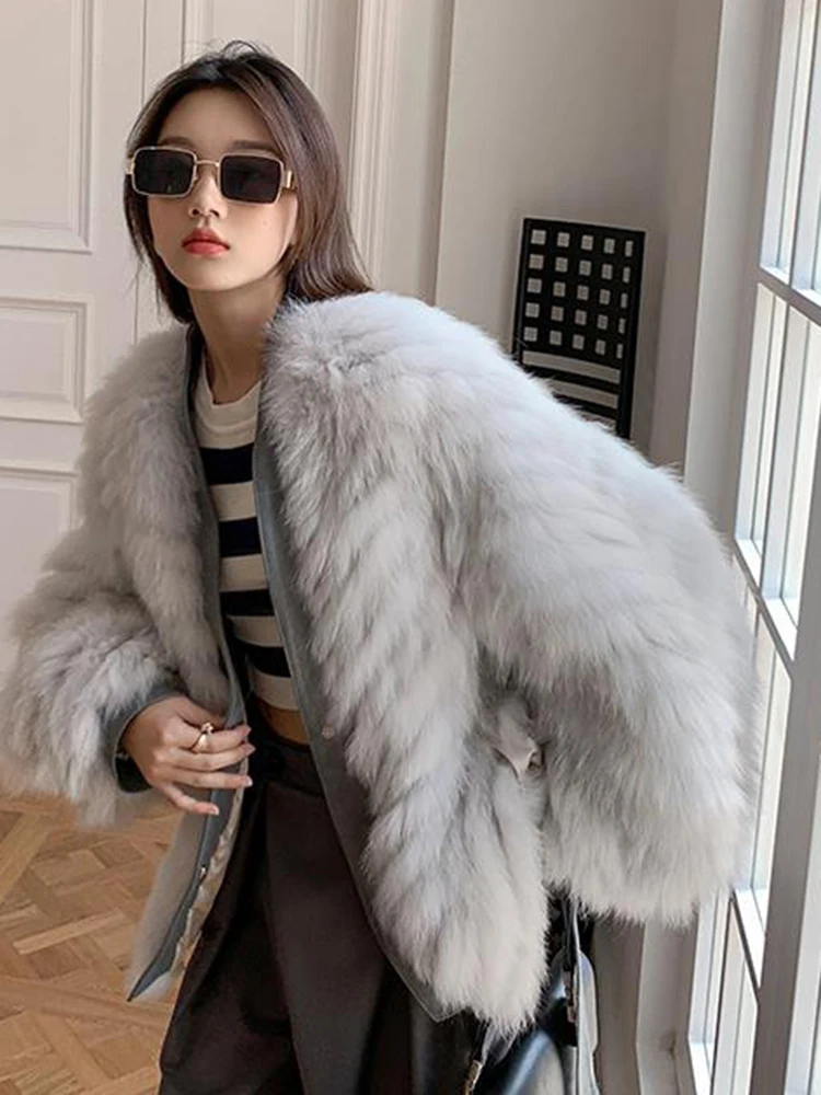 ECRURANI Lace Up Colorblock Fur Coat For Women V Neck Long Sleeve Gathered Waist Temperament Thick Coats Female New Winter 2021