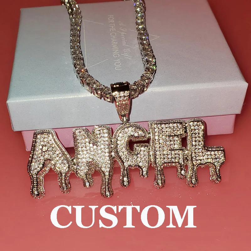 Unique Customized Name Necklace Zircon Copper Drippy Letters Pendant  with Tennis chain Name Words Jewelry Hip Hop