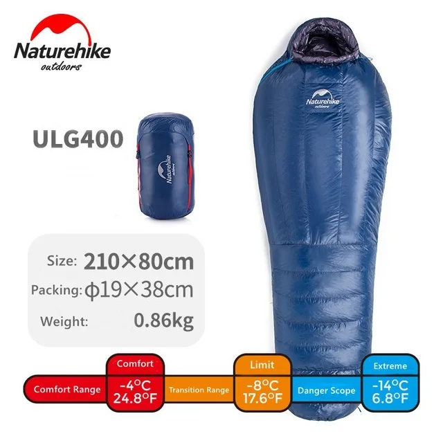 Naturehike ULG 400/700/1000 гусиный пух спальный мешок-15℃/4℃ зимнего кемпинга на открытом воздухе взрослых спальный мешок - Цвет: ULG 400 Blue