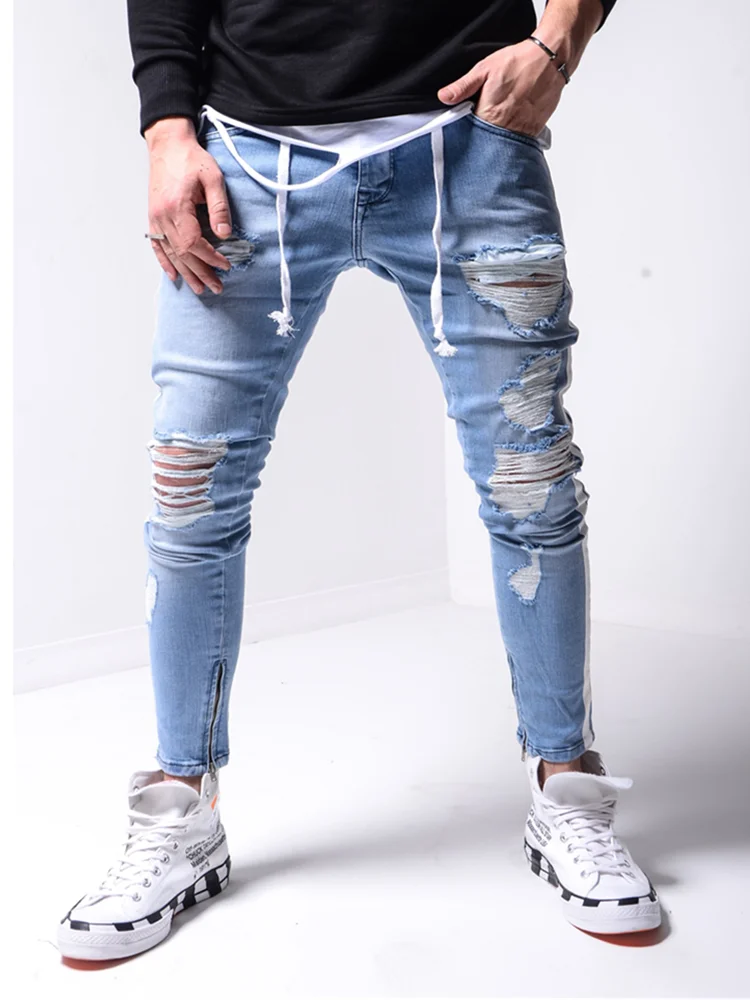 Pantalones de tela vaquera ceñidos y con agujeros para hombre, pitillos a rayas laterales con cremallera, Vaqueros informales de moda, pantalones Hip hop para el sudor, 2020|Pantalones vaqueros| - AliExpress