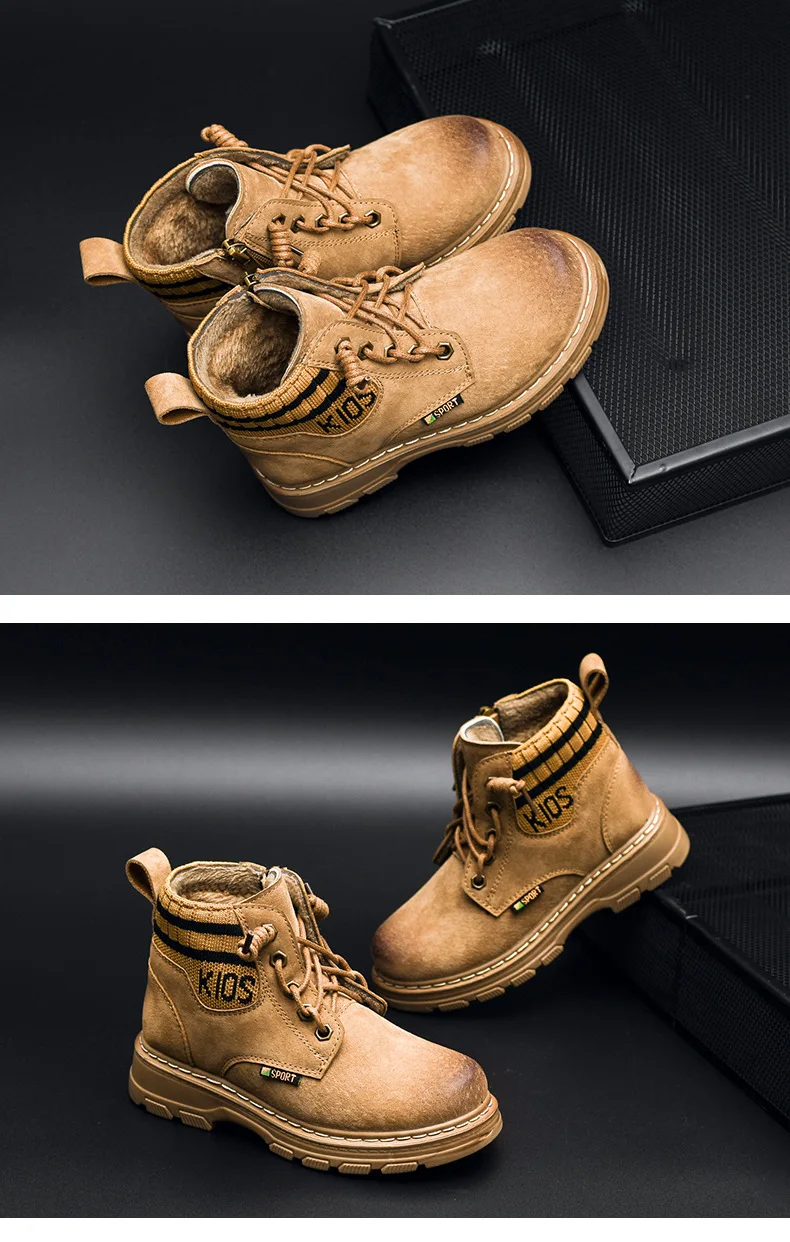 Children's Snow Boots Winter new Boys Short Boots British Wind Plus Velvet Boy Genuine Leather 2-14 Years Kids Cotton Boots