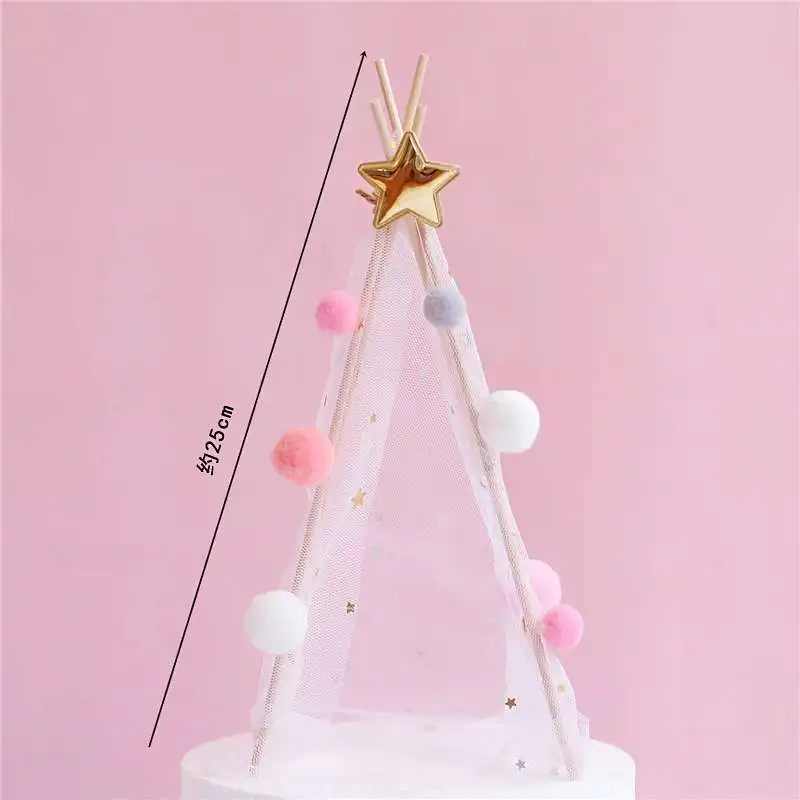Pink star tent Зимние помпоны для новогоднего торта из войлока, вечерние украшения для детского душа, снеговик, снеговик, принадлежности для выпечки, десерт, подарки для любви - Цвет: Pink star tent