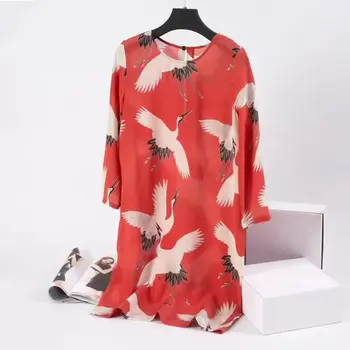

100% silk crane print women dress 3/4 sleeve o-neck loose lady mini dress 2020 spring summer new
