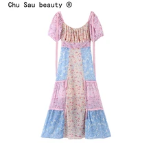 Chu Sau beauty Boho Chic винтажное платье макси с цветочным принтом женское праздничное лоскутное милое Каскадное платье Vestidos De Verano