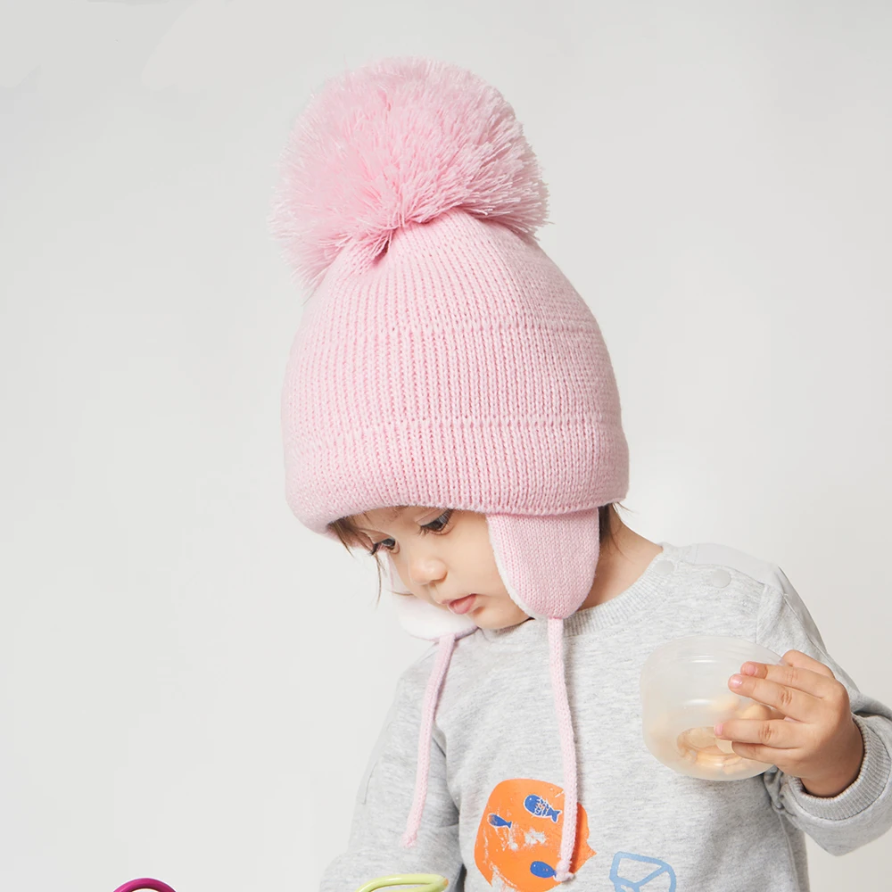 

Big Pompom Winter Baby Hat Cotton Knit Kids Beanie Hats for Boys and Girls with Fleece Lining Bomber Caps for Children