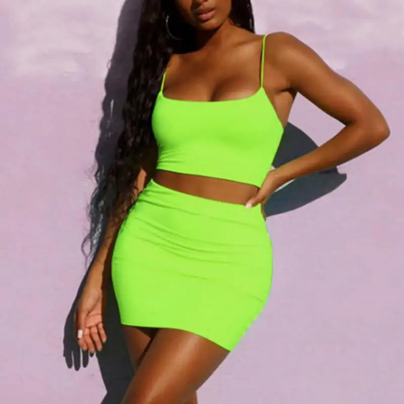 

Summer 2020 Women Neon Color Two Pieces Set Crop Tops and Skirt Set Outfits Summer Clothes for Women Sexy Two Piece Outfits