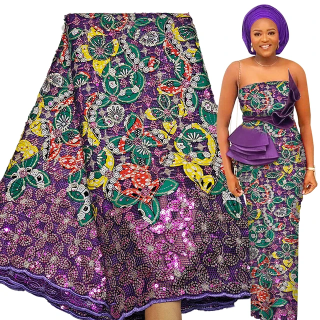 Bestway Net Lace Fabric 2021 High Quality Sequins Embroidery Nigerian Robe Sewing Material 5 Yards African Lace Fabric Printed purple-as pic