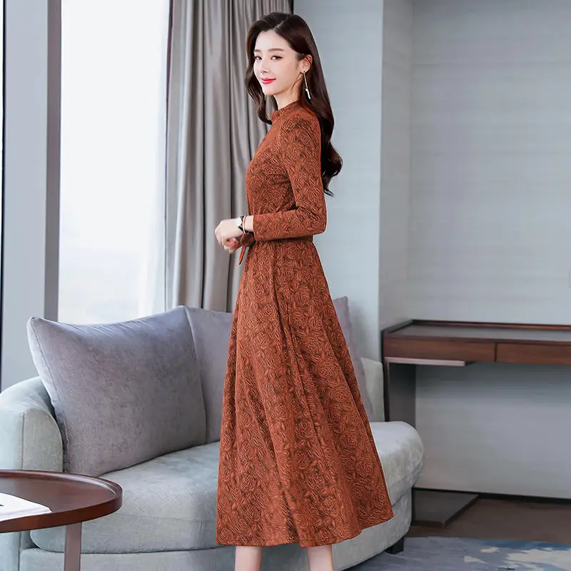 

Autumn Winter Dress Women Elegant Vestidos Long Sleeve Vintage Long Dress Female Plus Size Office Ladies High Waist Dress Q1915