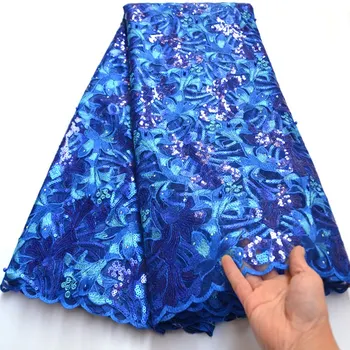 

Royal Blue African French Lace Fabric with sequins beaded embroidery High quality Nigerian Lace Fabric for wedding dress Ki133