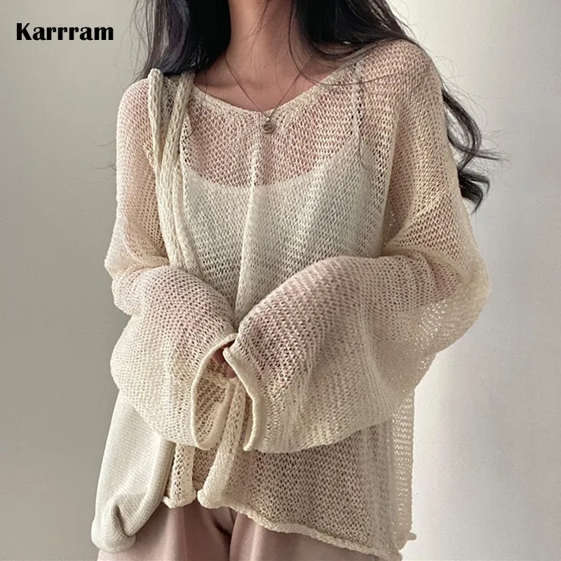 34995-b3c105.jpg Karrram Lazy Style Full Sleeves Jumpers Tops Hollow Out Sexy Women Fashion Casual Streetwear Chic Femme Sweaters Pullovers - Image 1