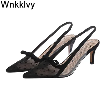 

Summer Prom Shoes Lace cut outs bow- knot pointed toe slingback high heela pumps sexy stilettos dress party crystal sandals 2020